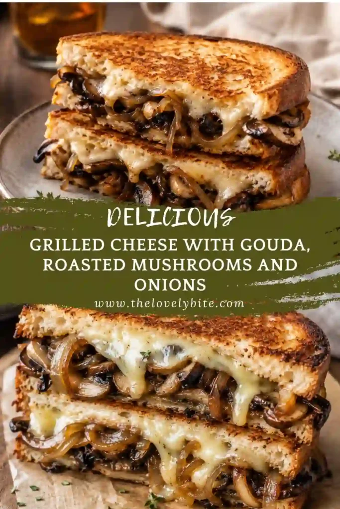 A golden grilled cheese with Gouda filled with roasted mushrooms and sweet onions on crispy artisan bread. Melted cheese stretches between the toasted slices, creating an irresistible gourmet sandwich.