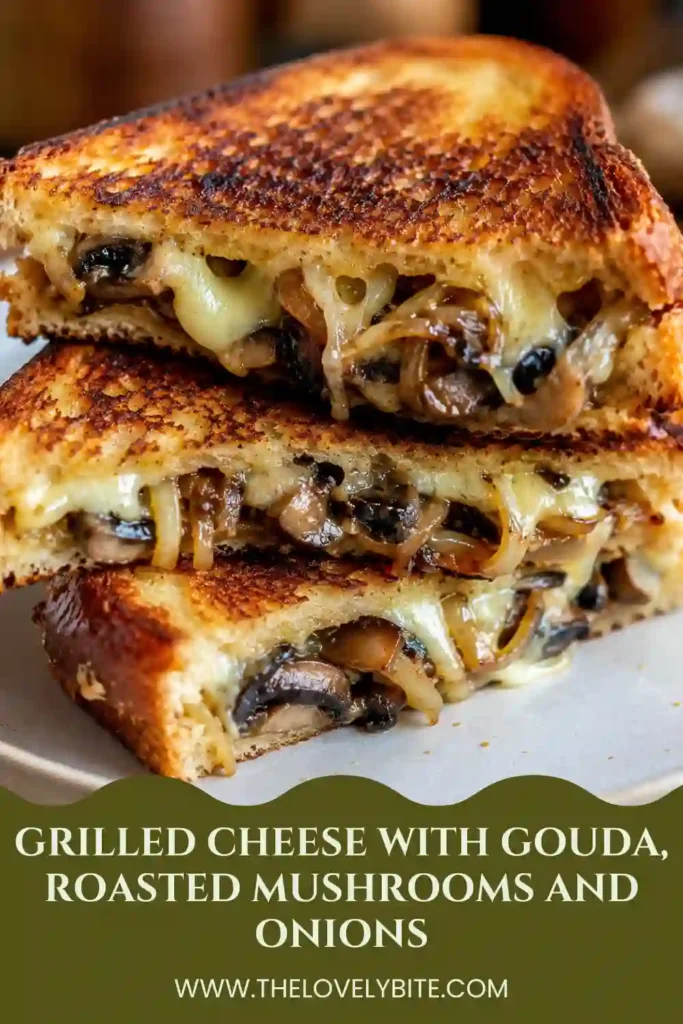 Crispy buttered bread surrounds creamy Gouda cheese, roasted mushrooms, and caramelized onions. This vegetarian grilled cheese is rich, savory, and perfect for comfort food lovers.