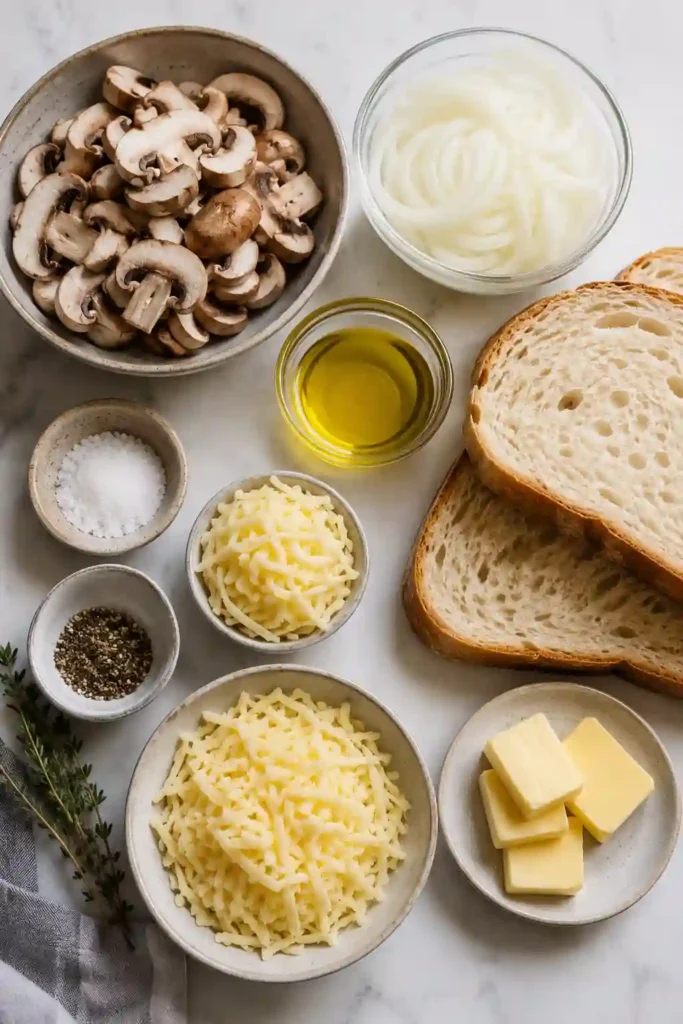 A gourmet grilled cheese sandwich layered with shredded Gouda, roasted mushrooms, and sweet onions. Toasted until golden brown and served hot for a comforting meal.