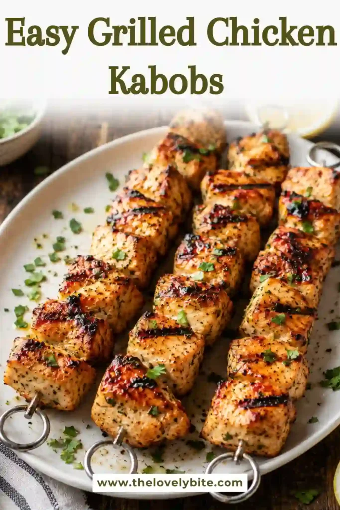 Freshly grilled chicken kabobs served on skewers with lemon wedges and herbs. The juicy grilled chicken has a smoky golden-brown exterior and is perfect for summer barbecues.