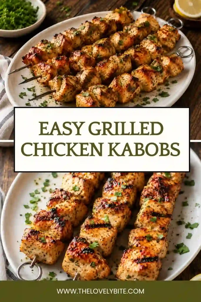 Homemade grilled chicken kabobs arranged on a serving plate with grilled vegetables and fresh lemon slices. The chicken is moist and lightly charred.