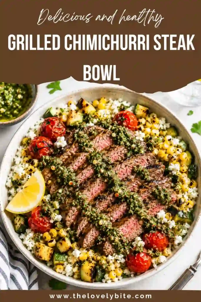 Juicy grilled flank steak served over herbed rice with grilled vegetables and classic chimichurri sauce. This healthy steak bowl is colorful, hearty, and perfect for summer grilling.