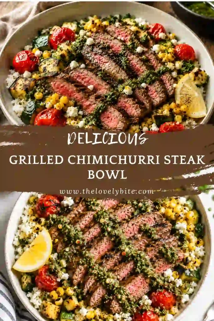 Fresh steak rice bowl featuring grilled steak, smoky vegetables, fluffy rice, greens, and homemade chimichurri. A quick and flavorful easy steak dinner.