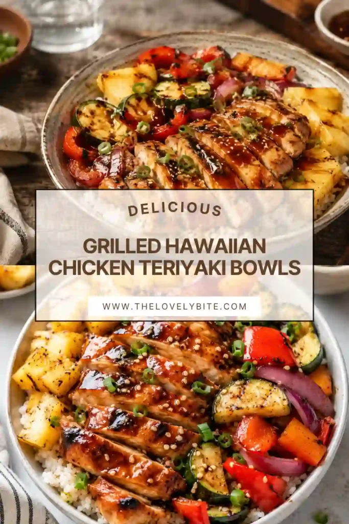 Fresh Grilled Hawaiian Chicken Teriyaki Bowls served with creamy coconut rice, caramelized pineapple, grilled vegetables, and tender chicken. This healthy Hawaiian-inspired meal is vibrant, flavorful, and perfect for weeknight dinners.