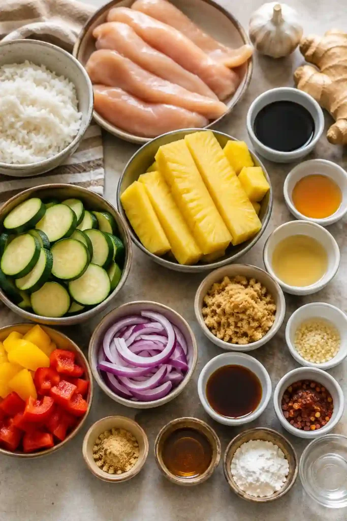 A bowl of Grilled Hawaiian Chicken Teriyaki Bowls filled with sliced grilled chicken, coconut rice, grilled pineapple, zucchini, bell peppers, and red onion. Homemade teriyaki sauce adds a glossy finish to this colorful tropical dinner.