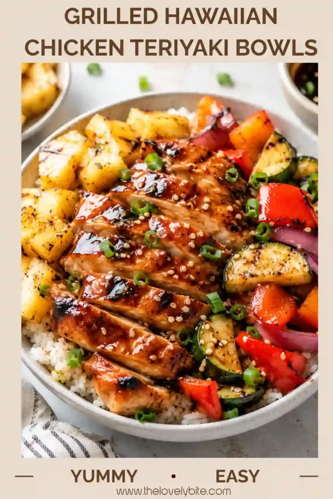 Juicy grilled chicken served over coconut rice with grilled pineapple, zucchini, peppers, and onions in a homemade teriyaki sauce. This tropical chicken bowl is hearty, colorful, and family-friendly.