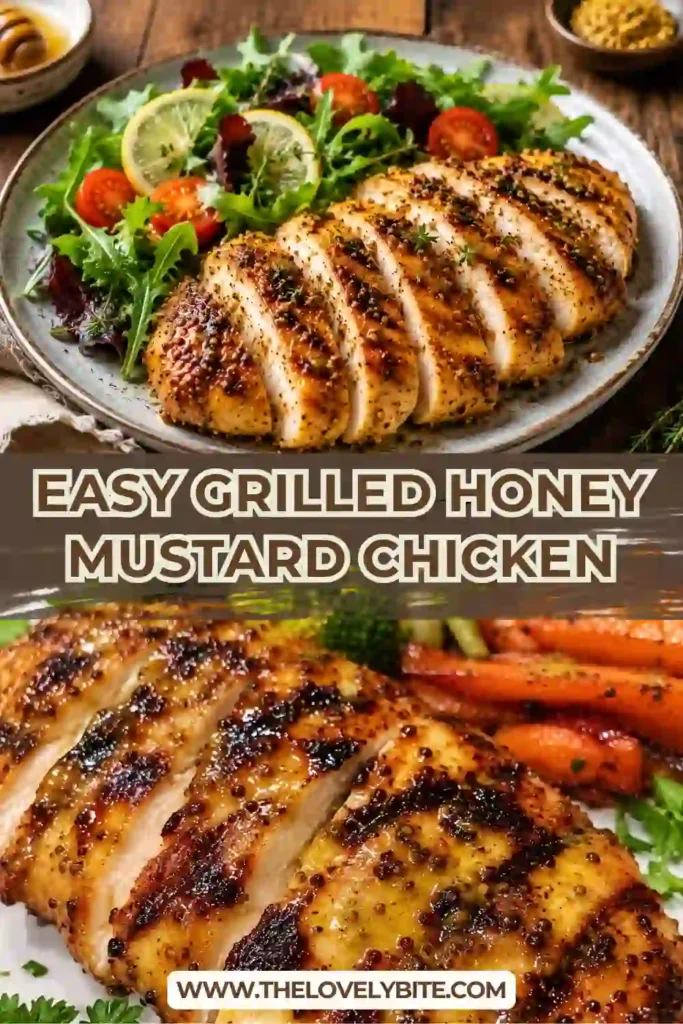 Close-up of juicy grilled chicken breast coated in homemade honey mustard glaze. This easy grilled chicken recipe is perfect for summer dinners.