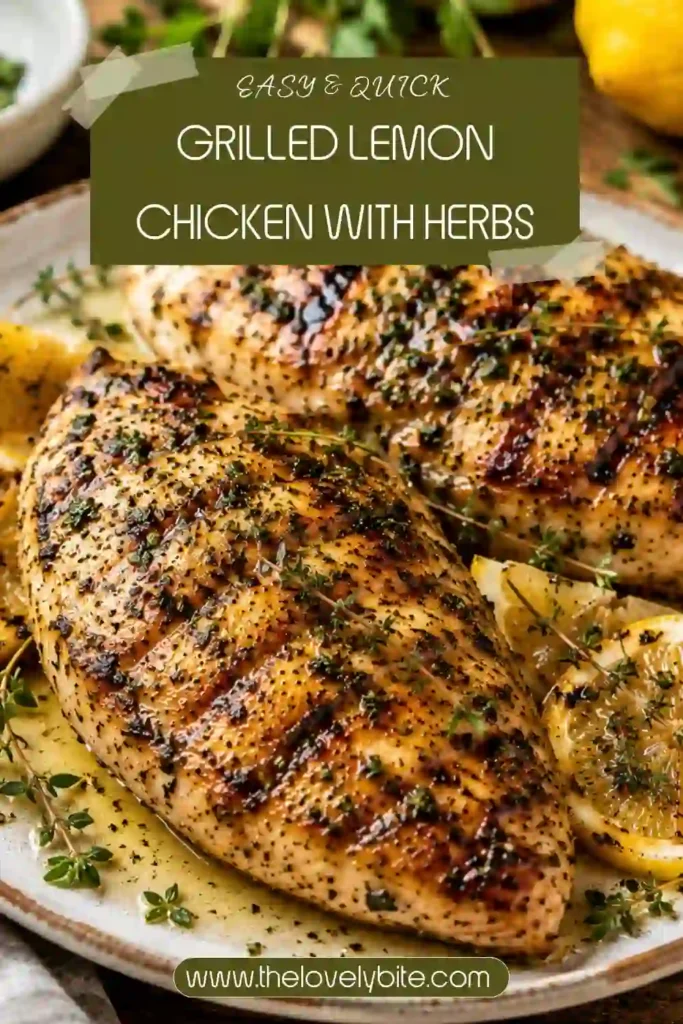 Freshly grilled lemon herb chicken garnished with rosemary and thyme on a serving platter. Golden grill marks highlight the perfectly cooked chicken.