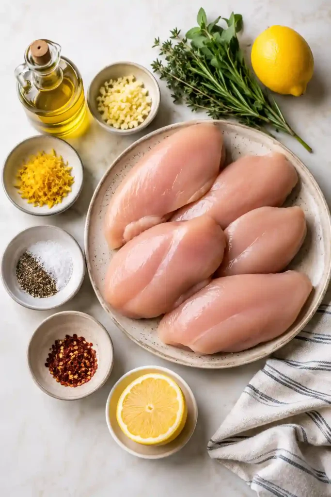 Grilled Lemon Chicken served on a platter with fresh herbs and charred lemon halves. The juicy grilled chicken breast has beautiful grill marks and vibrant Mediterranean flavors.
