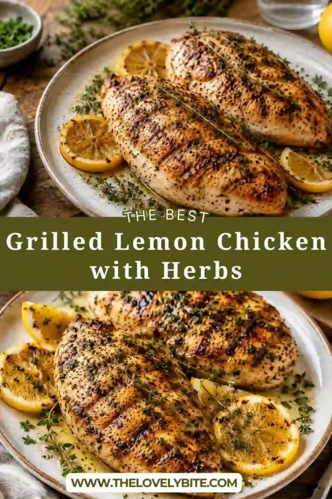 Healthy grilled chicken breast topped with chopped herbs and served with grilled vegetables and lemon. A wholesome Mediterranean-inspired meal.