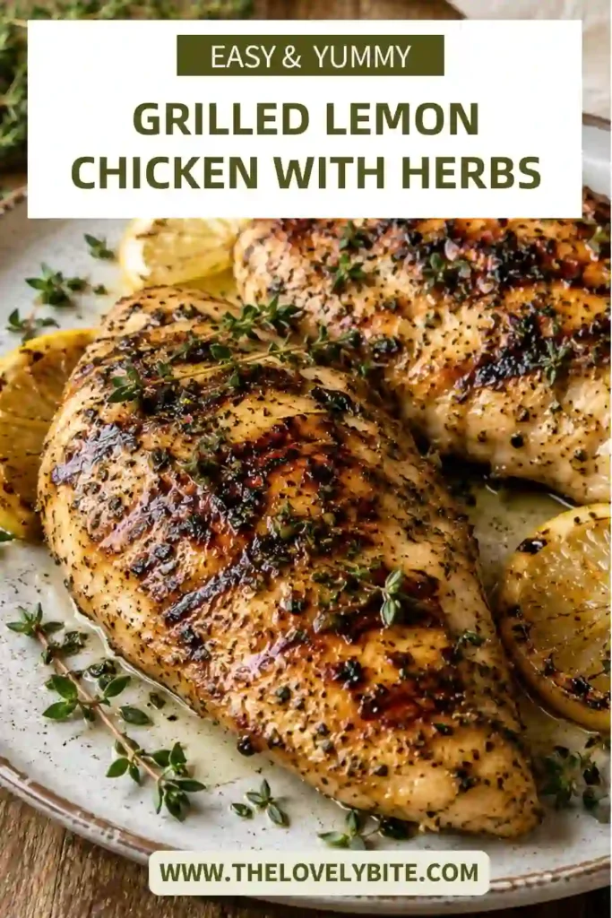 Close-up of juicy Grilled Lemon Chicken sliced and garnished with fresh herbs beside grilled lemon halves. Every piece looks tender and perfectly cooked.