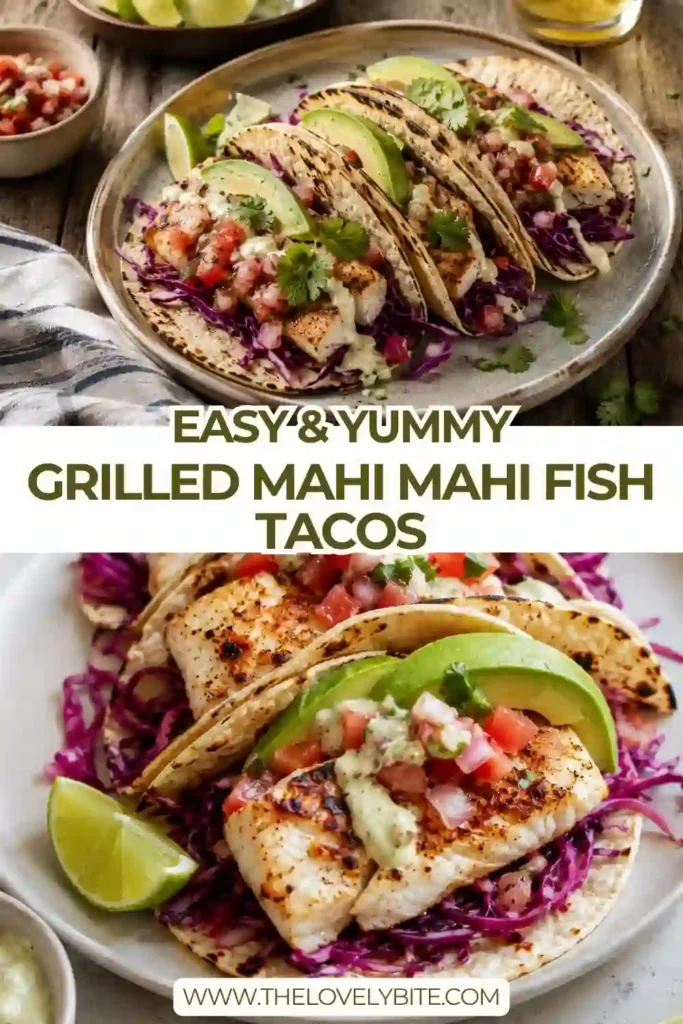 Fresh Grilled Mahi Mahi Fish Tacos served on warm corn tortillas with crunchy cabbage slaw, creamy avocado, pico de gallo, and avocado tomatillo salsa. A colorful and healthy seafood dinner that's perfect for summer.