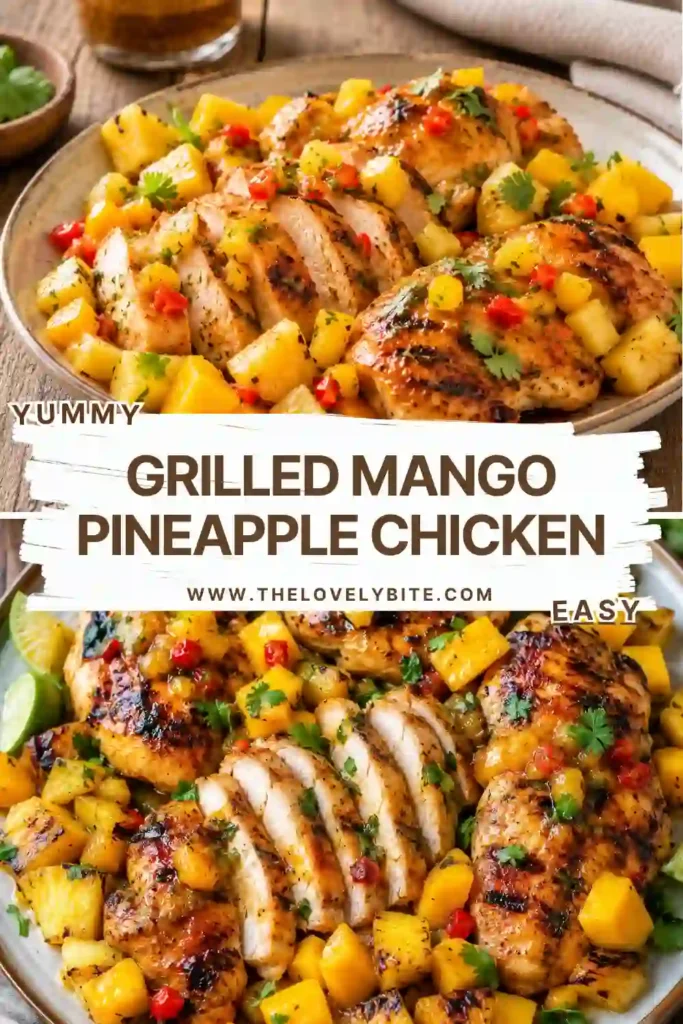 A platter of grilled mango pineapple chicken garnished with diced mango, pineapple tidbits, cilantro, and grilled peppers. This tropical chicken recipe is fresh, colorful, and family-friendly.