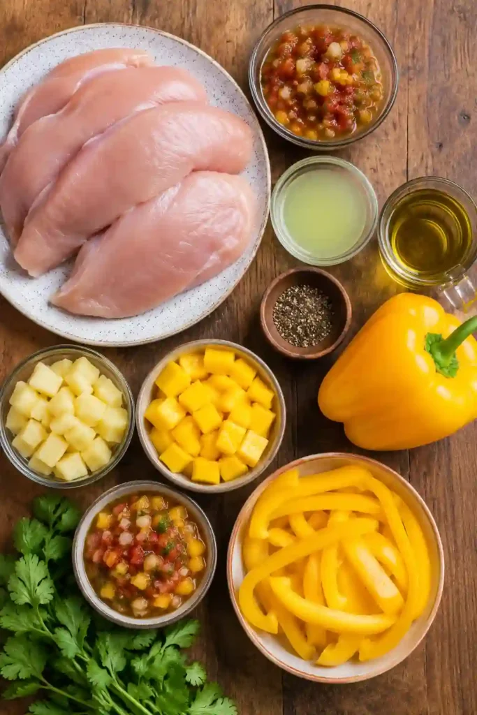 Grilled Mango Pineapple Chicken served with charred yellow bell peppers, fresh mango, pineapple, and tropical salsa. This colorful grilled chicken recipe is juicy, vibrant, and perfect for summer dinners.