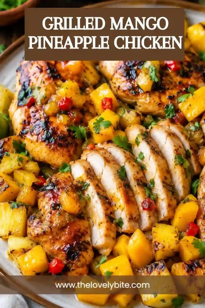 Close-up of grilled chicken breasts topped with mango pineapple salsa and fresh cilantro alongside grilled bell peppers. This easy summer chicken dinner is full of tropical flavors.