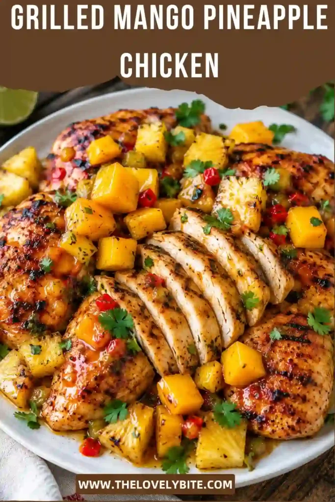 Grilled Mango Pineapple Chicken plated with tropical fruit salsa and grilled vegetables on a serving platter. This grilled chicken recipe is perfect for summer entertaining.