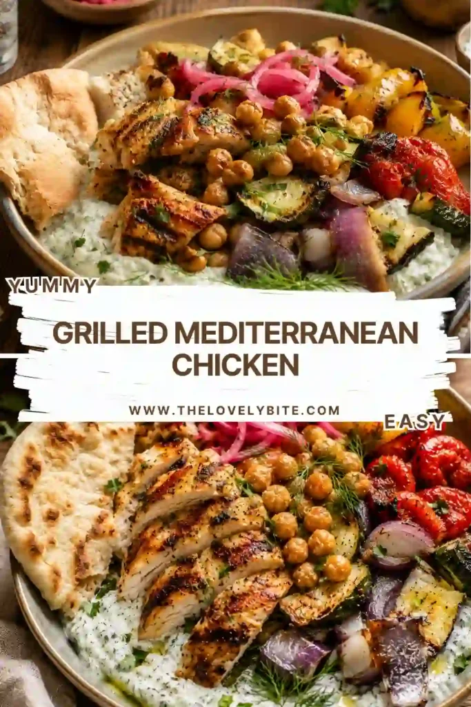 Juicy Greek yogurt-marinated grilled chicken thighs arranged with grilled peppers, zucchini, onions, and homemade tzatziki. A wholesome Mediterranean chicken recipe perfect for summer.