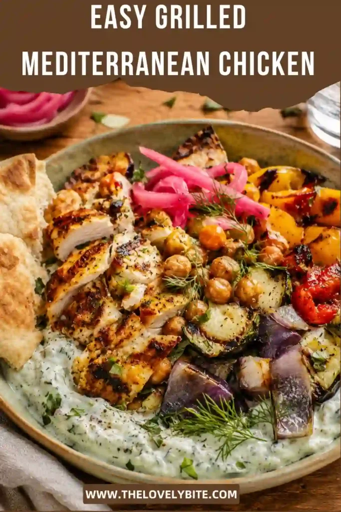 Mediterranean grilled chicken sliced and served over grilled vegetables with fresh herbs and warm pita. Bright lemon and garlic flavors make this healthy grilled dinner irresistible.