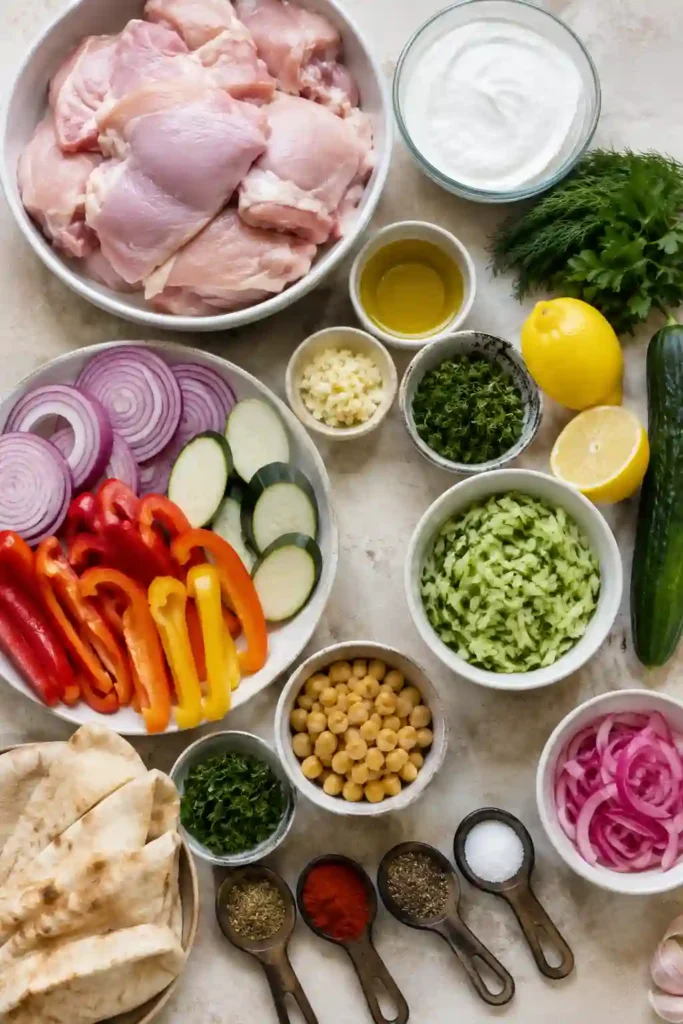 Grilled Mediterranean Chicken served with colorful grilled vegetables, creamy tzatziki, warm pita, and roasted chickpeas. This healthy Mediterranean dinner is fresh, vibrant, and packed with grilled flavor.