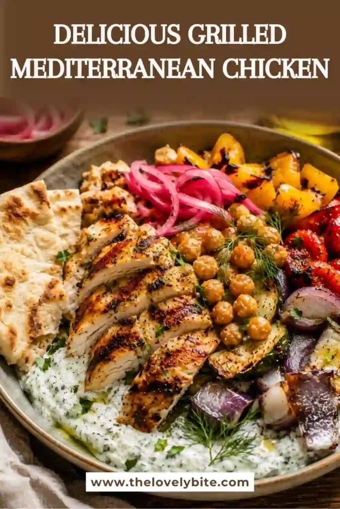 A delicious platter of Grilled Mediterranean Chicken with charred vegetables, creamy cucumber tzatziki, and roasted chickpeas. An easy Mediterranean meal for family dinners.