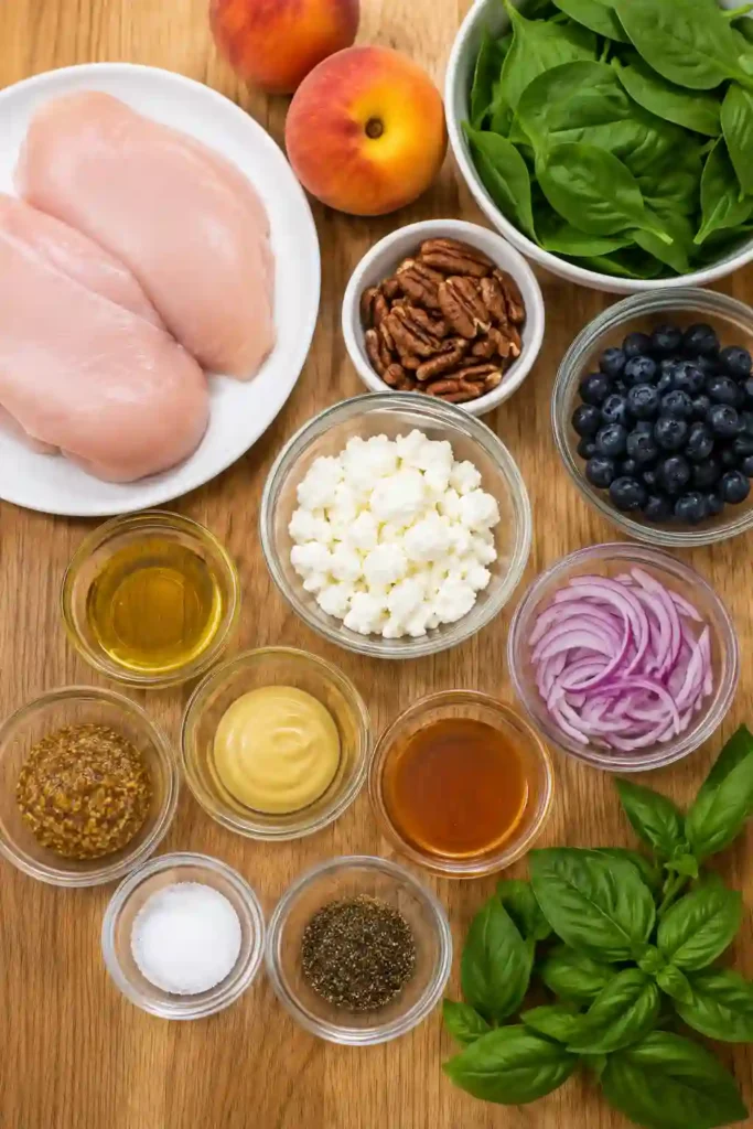 Summer Grilled Peach Chicken Salad with tender grilled chicken, ripe peaches, spinach, pecans, blueberries, basil, and creamy goat cheese served with honey mustard dressing.