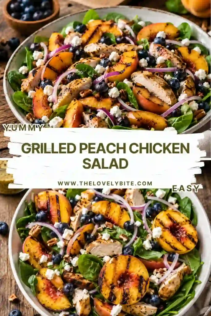 Grilled Peach Chicken Salad served with grilled peaches, baby spinach, blueberries, pecans, goat cheese, and sliced grilled chicken topped with honey mustard dressing. A healthy and colorful summer salad.