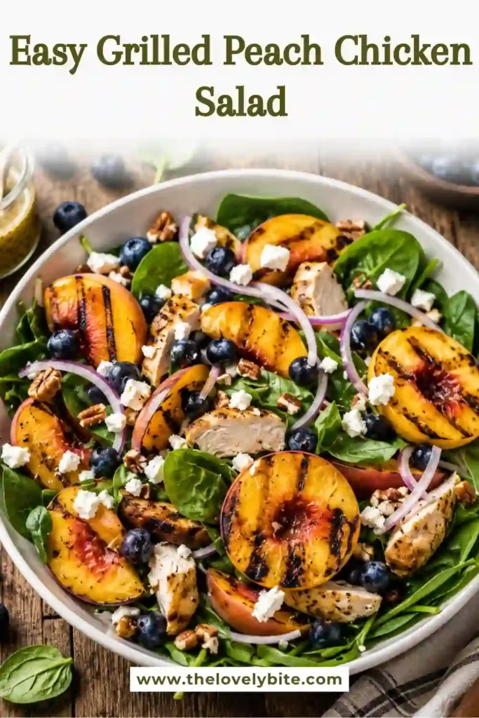 Fresh Grilled Peach Chicken Salad featuring juicy grilled chicken, caramelized peaches, spinach, blueberries, goat cheese, and crunchy pecans in a large serving bowl. Perfect for warm-weather meals.