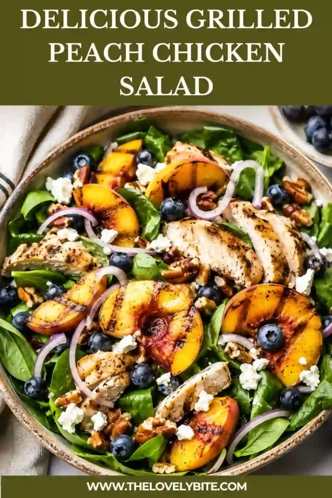 Healthy grilled chicken salad with sweet grilled peaches, fresh spinach, blueberries, red onion, goat cheese, and homemade honey mustard dressing. Bright, vibrant, and packed with flavor.
