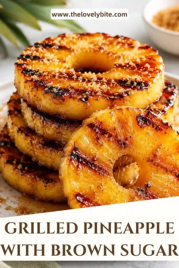 Golden Grilled Pineapple with Brown Sugar caramelizing on the grill with rich maple glaze and cinnamon. The pineapple rings have beautiful char marks and a glossy finish.