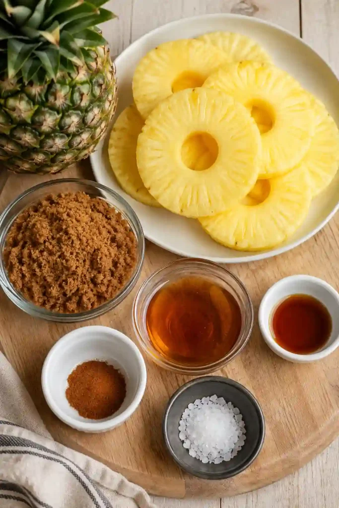 Warm Grilled Pineapple with Brown Sugar served on a platter with golden caramelized edges and a cinnamon maple glaze. Ideal for BBQ gatherings and summer entertaining.