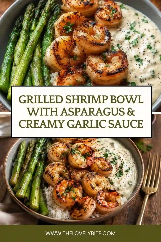 Close-up of grilled shrimp over jasmine rice with roasted asparagus and creamy garlic sauce. Fresh lemon wedges add a bright finishing touch.