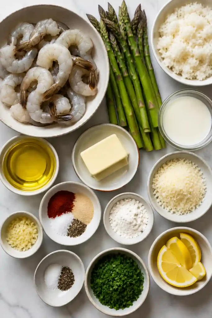 A hearty shrimp and rice bowl topped with grilled asparagus, creamy garlic sauce, fresh parsley, and grated Parmesan.