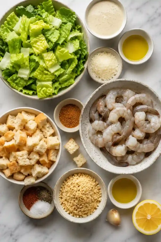 Close-up of Grilled Shrimp Caesar Salad with grilled shrimp, crunchy lettuce, creamy dressing, Parmesan cheese, and toasted breadcrumbs. A restaurant-quality summer salad recipe.