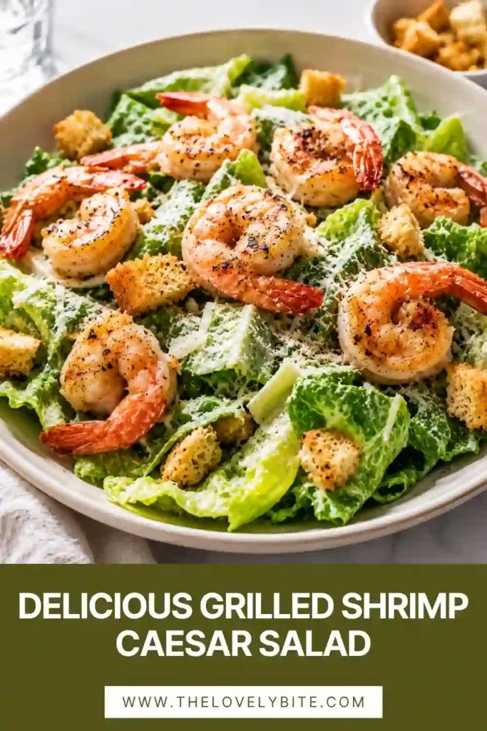 Healthy Grilled Shrimp Caesar Salad featuring tender grilled shrimp, crisp romaine lettuce, Parmesan cheese, and homemade seasoned breadcrumbs. Ideal for quick family meals.