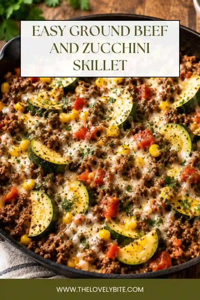 A cheesy Ground Beef and Zucchini Skillet featuring sweet potatoes, corn, tomatoes, black beans, and fresh cilantro. This one-pan meal is hearty, colorful, and full of bold Mexican-inspired flavors.