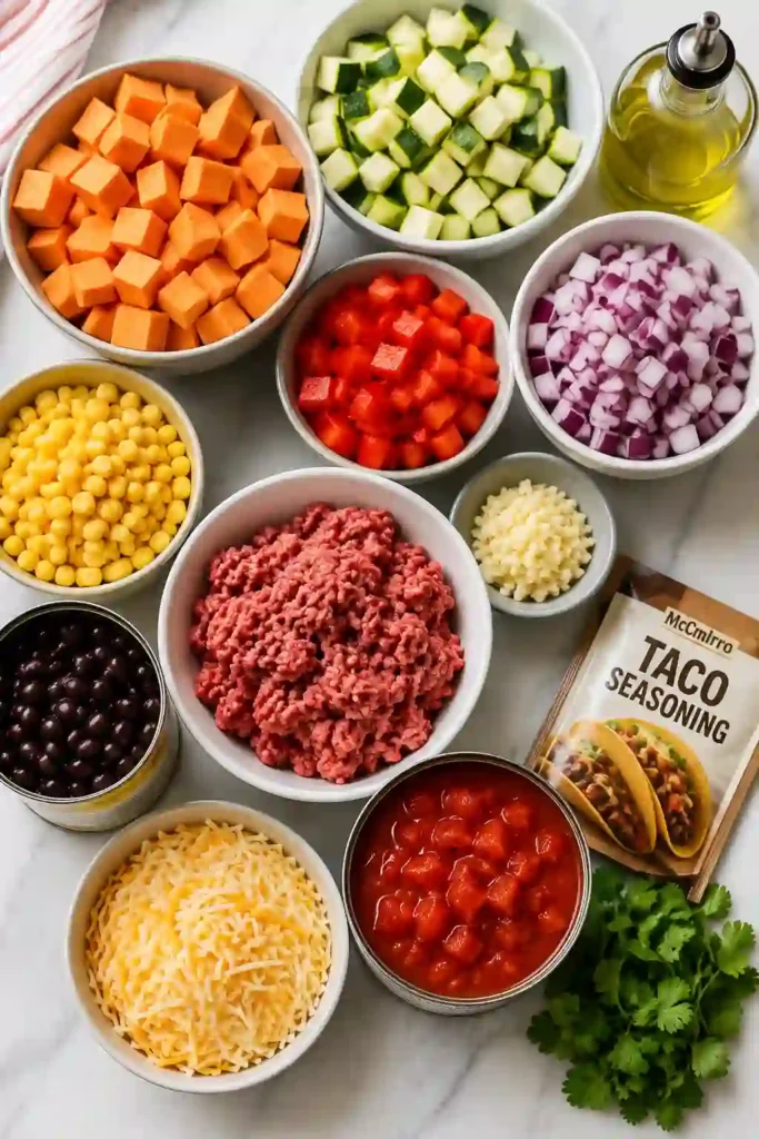 A skillet filled with seasoned ground beef, zucchini, sweet potatoes, black beans, corn, red bell peppers, and melted cheese. This colorful Ground Beef and Zucchini Skillet is an easy Mexican-inspired one-pan dinner perfect for busy weeknights.