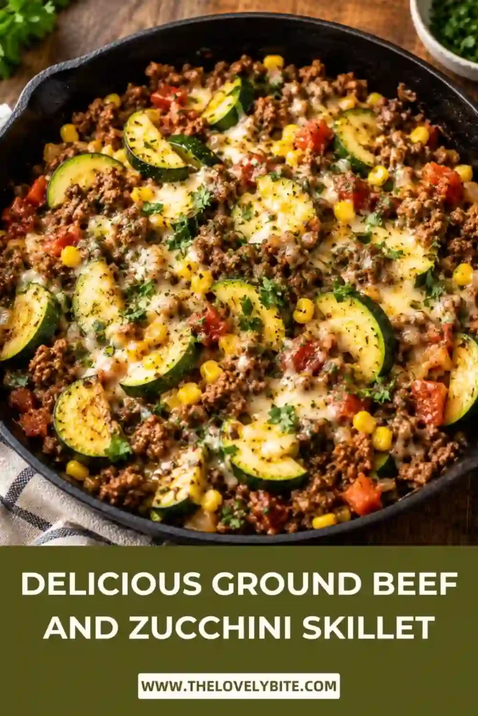 Ground Beef and Zucchini Skillet served fresh from the pan with sweet potatoes, black beans, corn, tomatoes, and melted Monterey Jack cheese. A wholesome skillet dinner bursting with fresh vegetables and savory flavors.