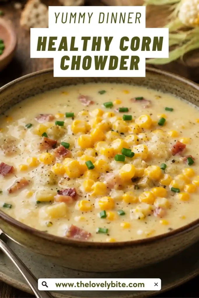 Homemade Corn Chowder served with crusty bread and fresh herbs. The creamy soup is filled with sweet corn and potatoes.