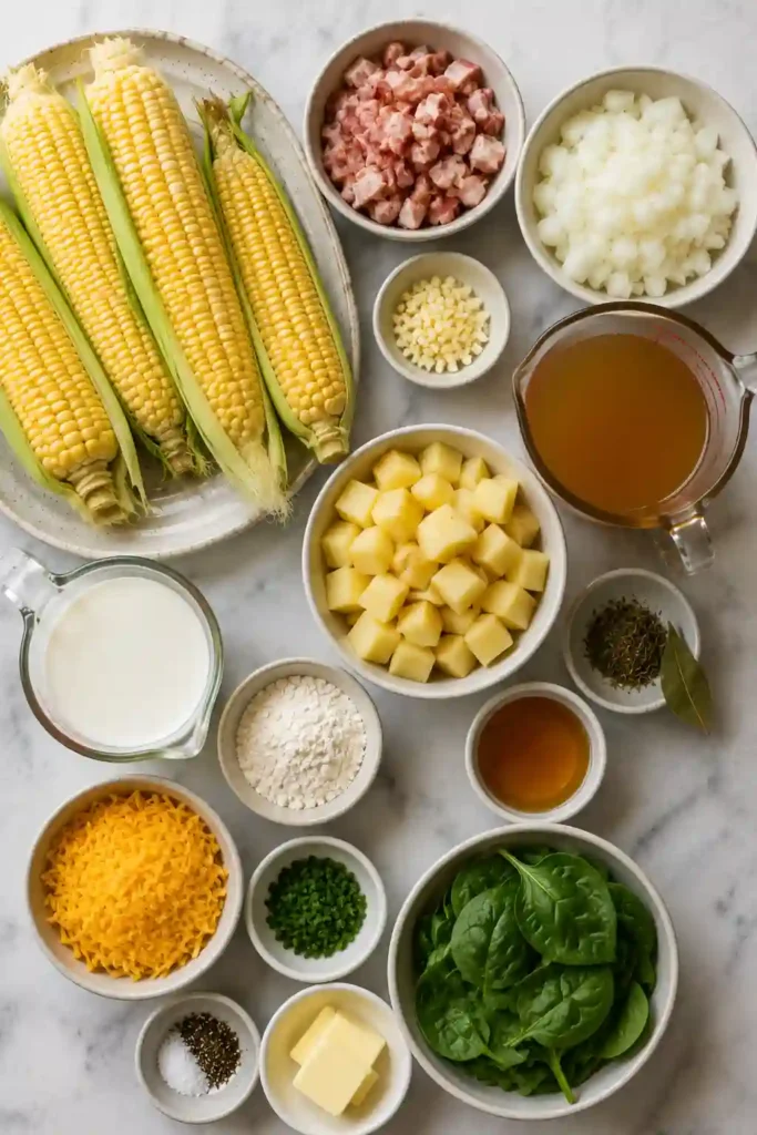 A warm bowl of Corn Chowder topped with cheddar cheese, chopped chives, and cracked black pepper.