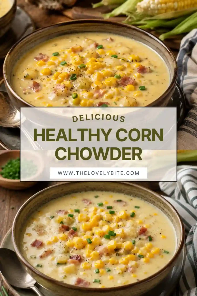 Close-up of Corn Chowder garnished with chopped chives and shredded cheddar cheese in a rustic soup bowl.