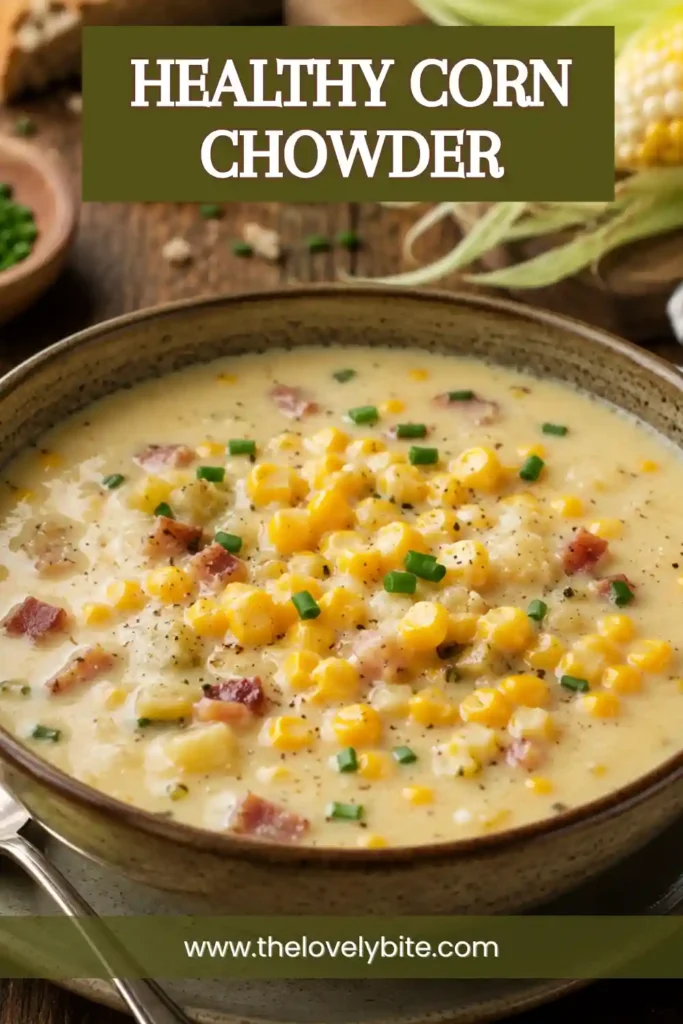 A bowl of creamy Corn Chowder filled with sweet corn, Yukon Gold potatoes, turkey bacon, fresh chives, and shredded cheddar cheese. The soup has a thick, velvety texture.