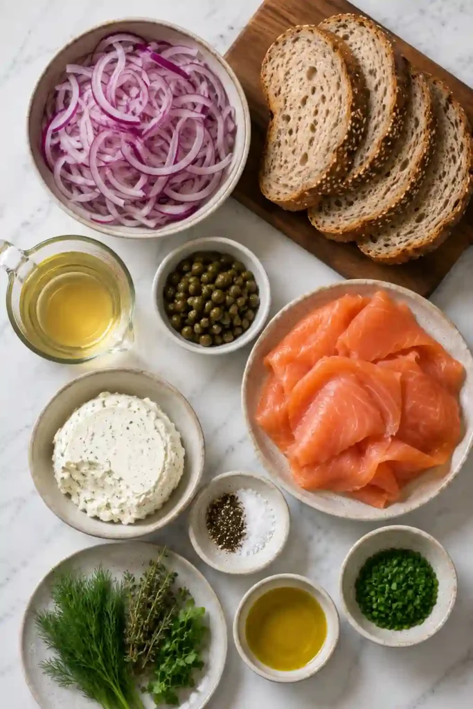 Close-up of Smoked Salmon Tartine garnished with fresh dill, pickled onions, and olive oil.