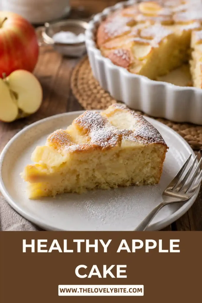 Homemade Healthy Apple Cake served on a cake stand with fresh apple slices and lemon. A light, fluffy dessert ideal for breakfast or afternoon tea.