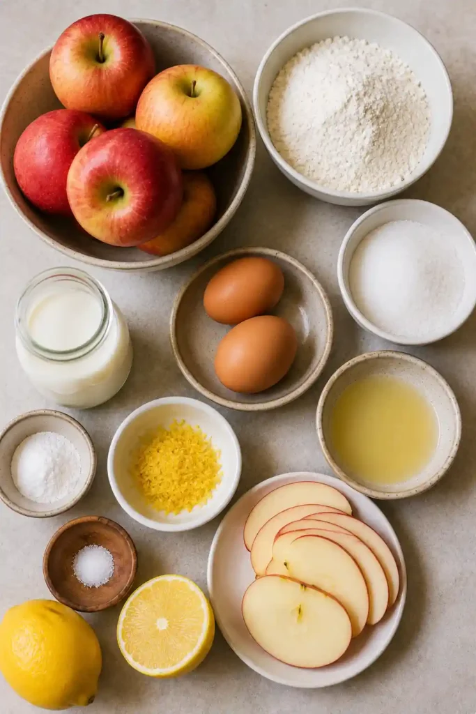 Moist Healthy Apple Cake made with fresh apples, lemon zest, and a delicate dusting of powdered sugar. A wholesome homemade dessert with a soft texture.