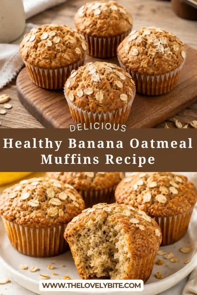 Freshly baked Healthy Banana Oatmeal Muffins topped with rolled oats and served on a cooling rack. These whole wheat banana muffins are moist, naturally sweetened, and perfect for breakfast.