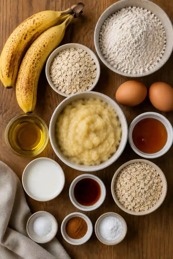 Healthy Banana Oatmeal Muffins arranged on a wooden serving board with fresh bananas and rolled oats nearby. A wholesome breakfast muffin recipe that's soft and delicious.