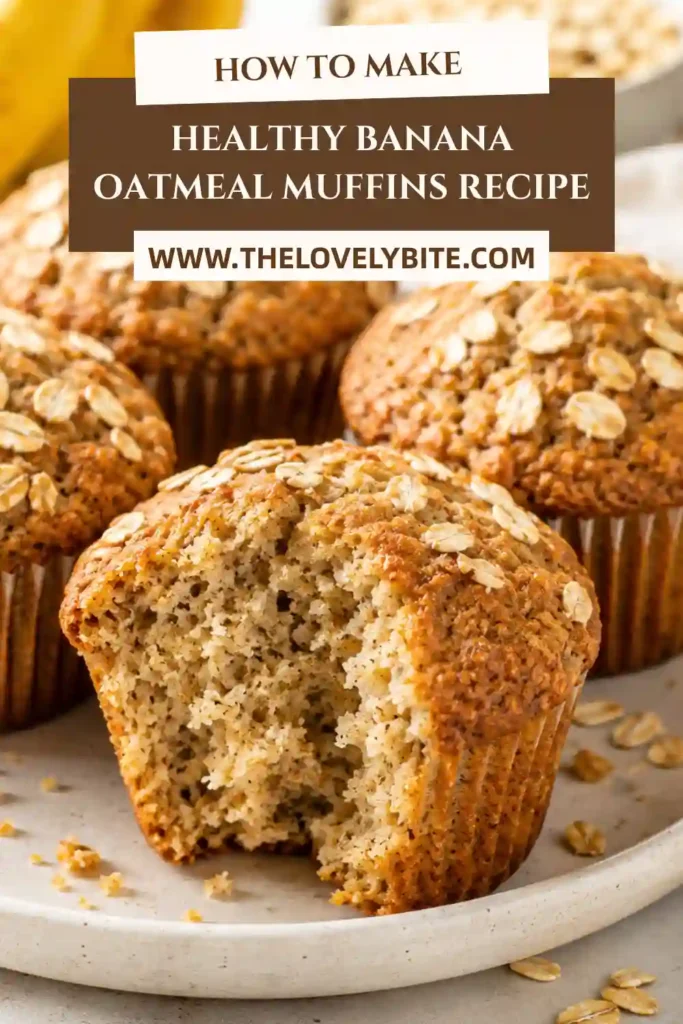 A basket filled with moist banana oatmeal muffins topped with oats. Healthy homemade muffins baked with whole wheat flour and natural honey.