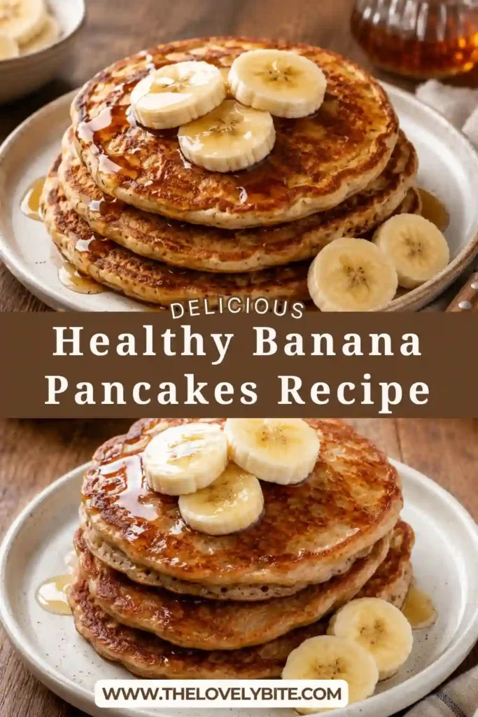 A stack of fluffy Healthy Banana Pancakes topped with fresh banana slices, maple syrup, and walnuts on a white breakfast plate.