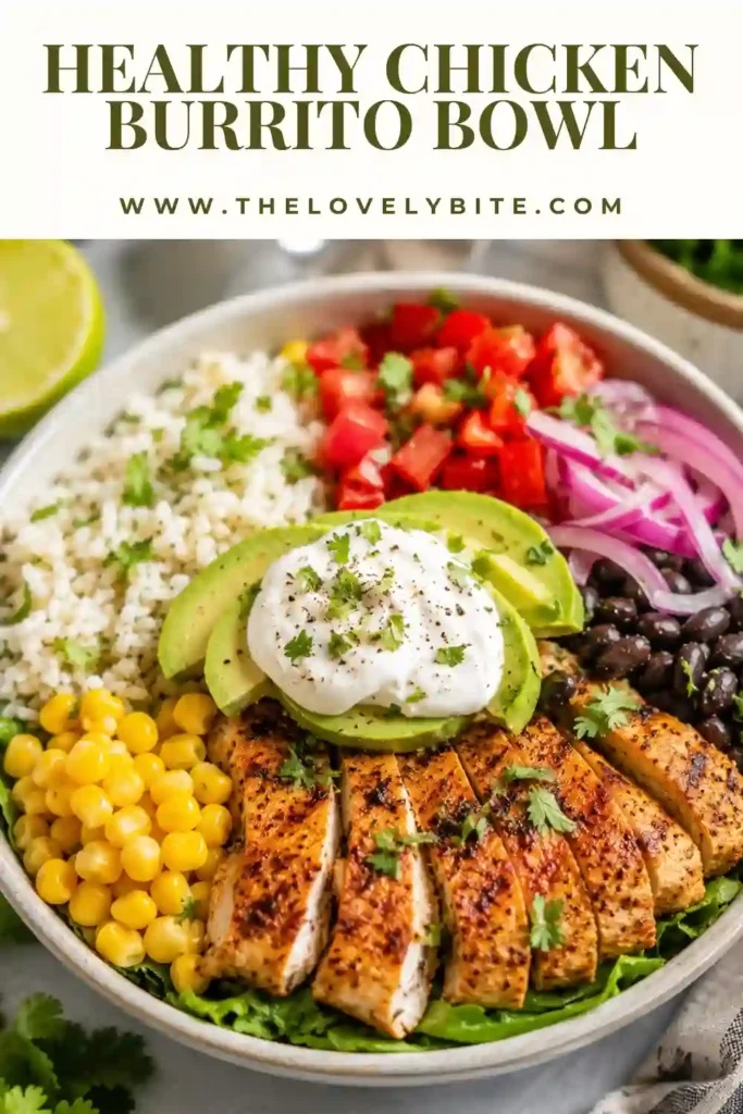 Easy Chicken Burrito Bowl Recipe featuring grilled chicken, cilantro-lime brown rice, crisp vegetables, and Greek yogurt. A wholesome homemade Mexican-inspired meal.