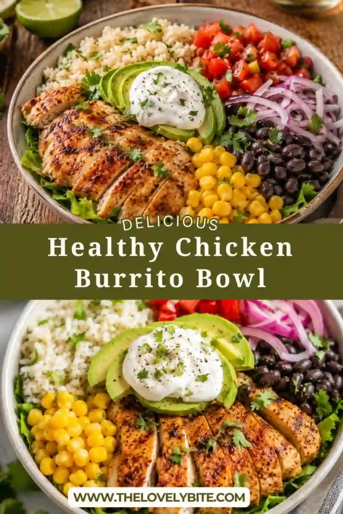 Fresh Healthy Chicken Burrito Bowl topped with juicy grilled chicken, creamy avocado, black beans, corn, and cherry tomatoes. A nutritious and flavorful high-protein dinner recipe.